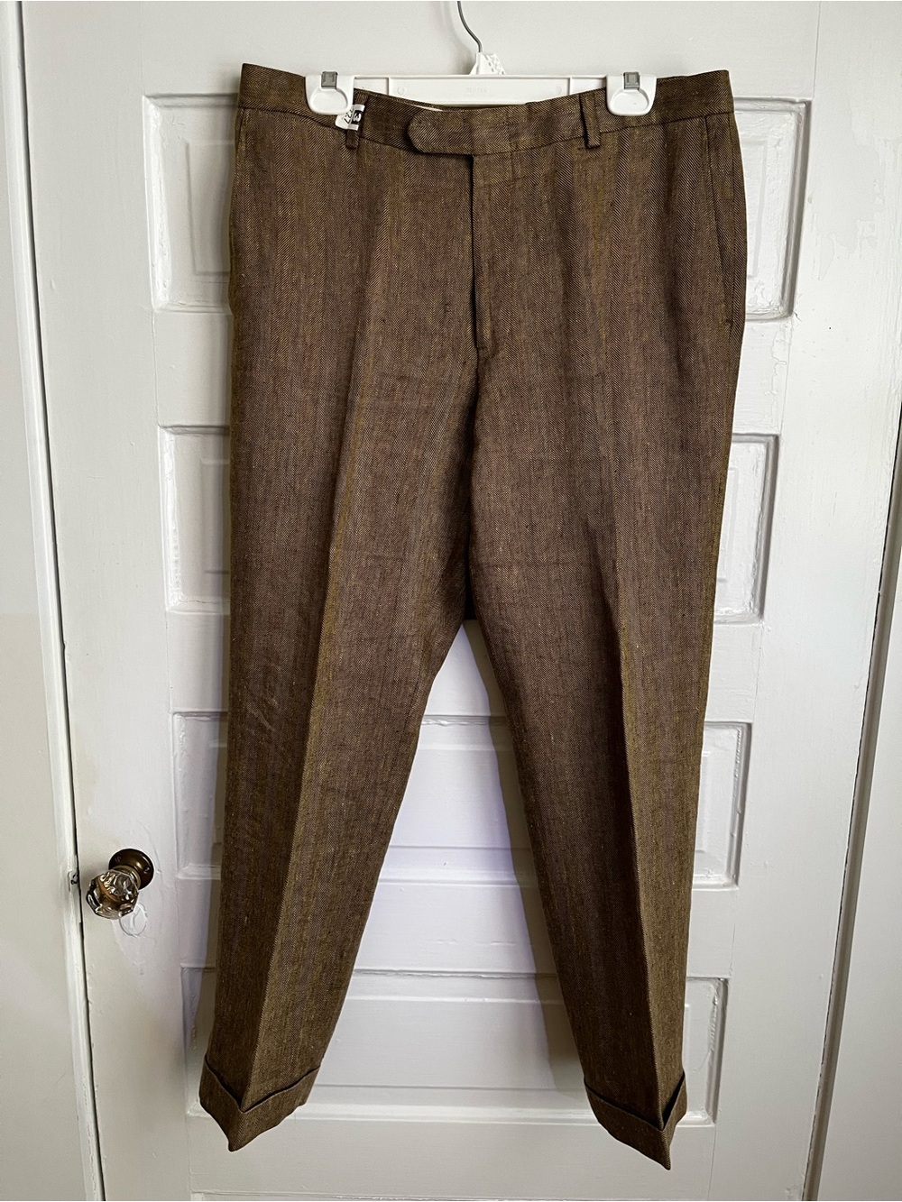 Lands' End Men's Baird McNutt Irish  Linen Dress Pants in Brown Herringbone